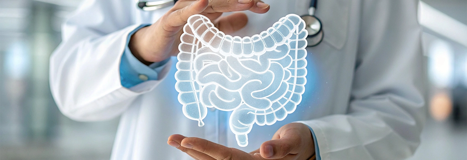 Doctor presenting 3D gut model to explain why colon hydrotherapy supports gut-brain connection and promotes digestive health.