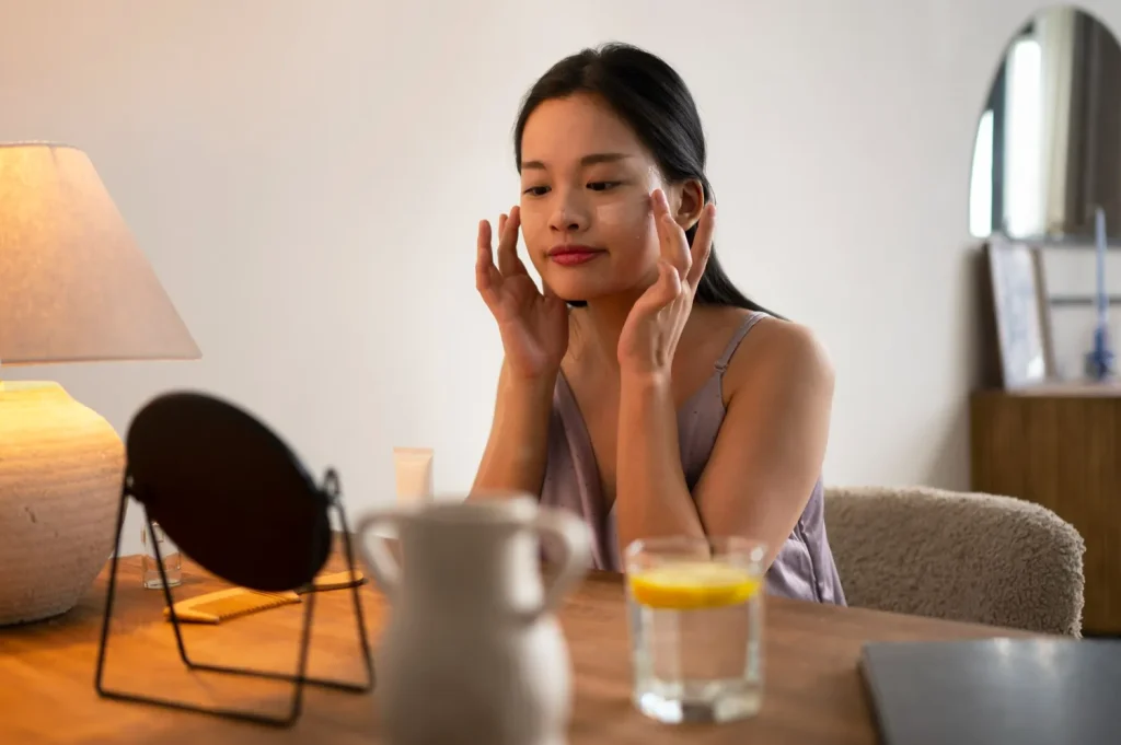 Woman in front of a mirror showing improved skin clarity and radiance after undergoing a wellness programme for internal skin rejuvenation.